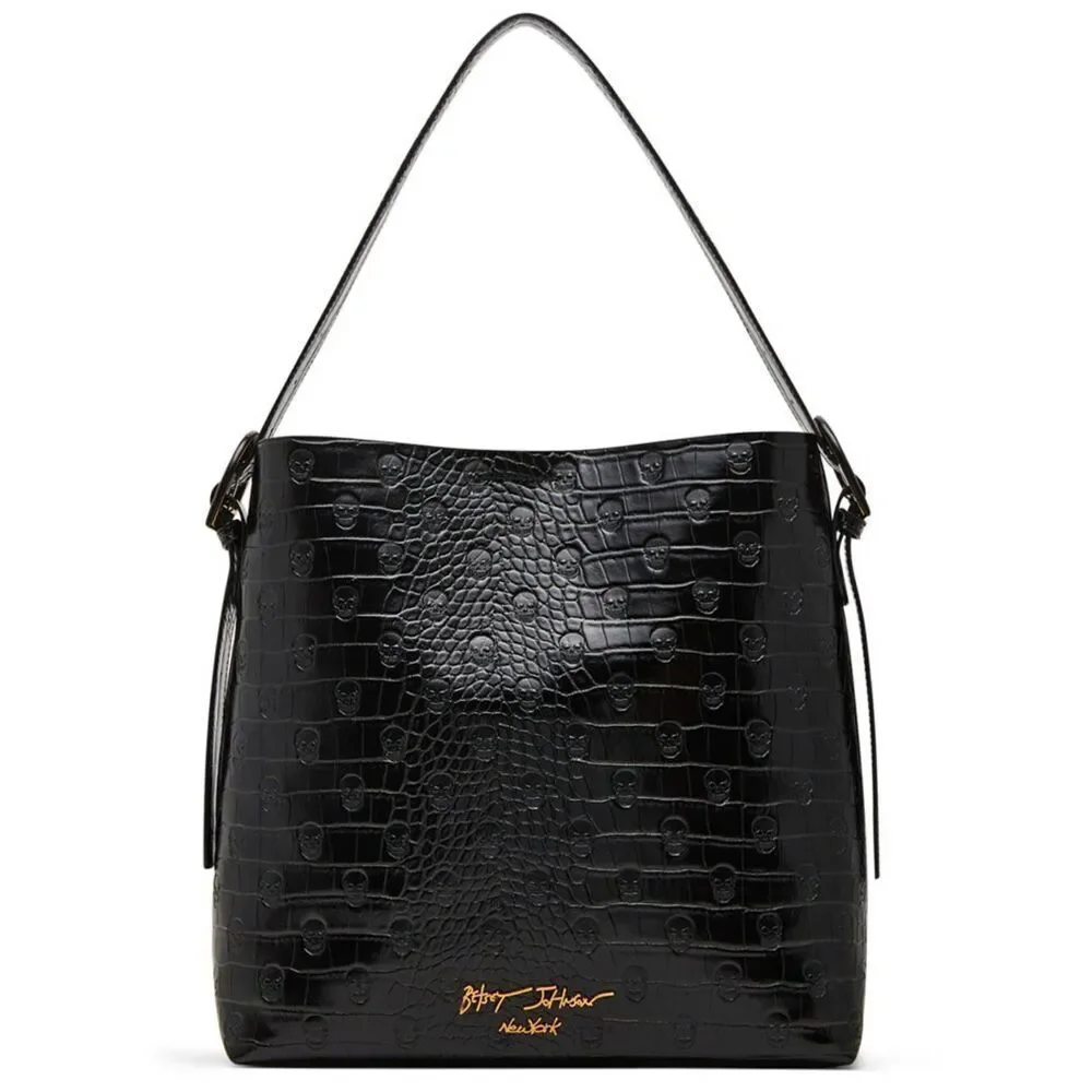 NWT~BETSEY JOHNSON Black Skull & Croc Headquarters Bucket Shoulder Bag~$98 Rtl